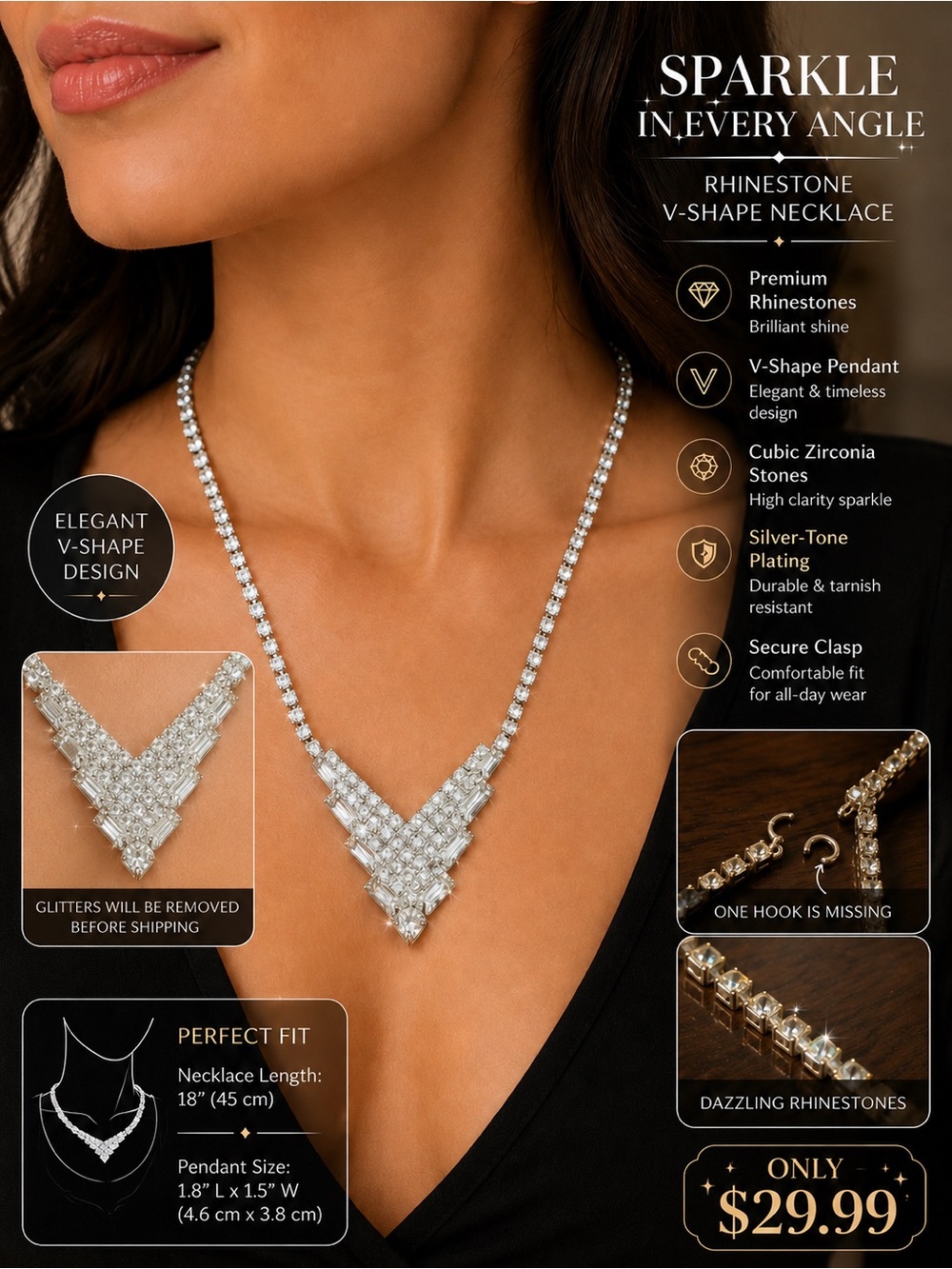 Rhinestone V-Shape Necklace - Silver Tone-1hook is missing